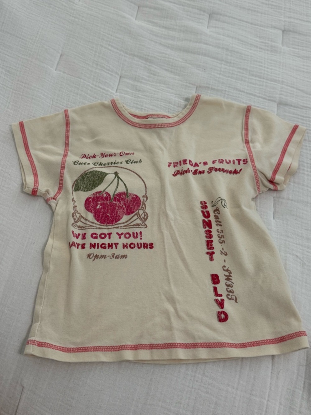 Cream Womens Graphic Tee with Pink Cherry Print